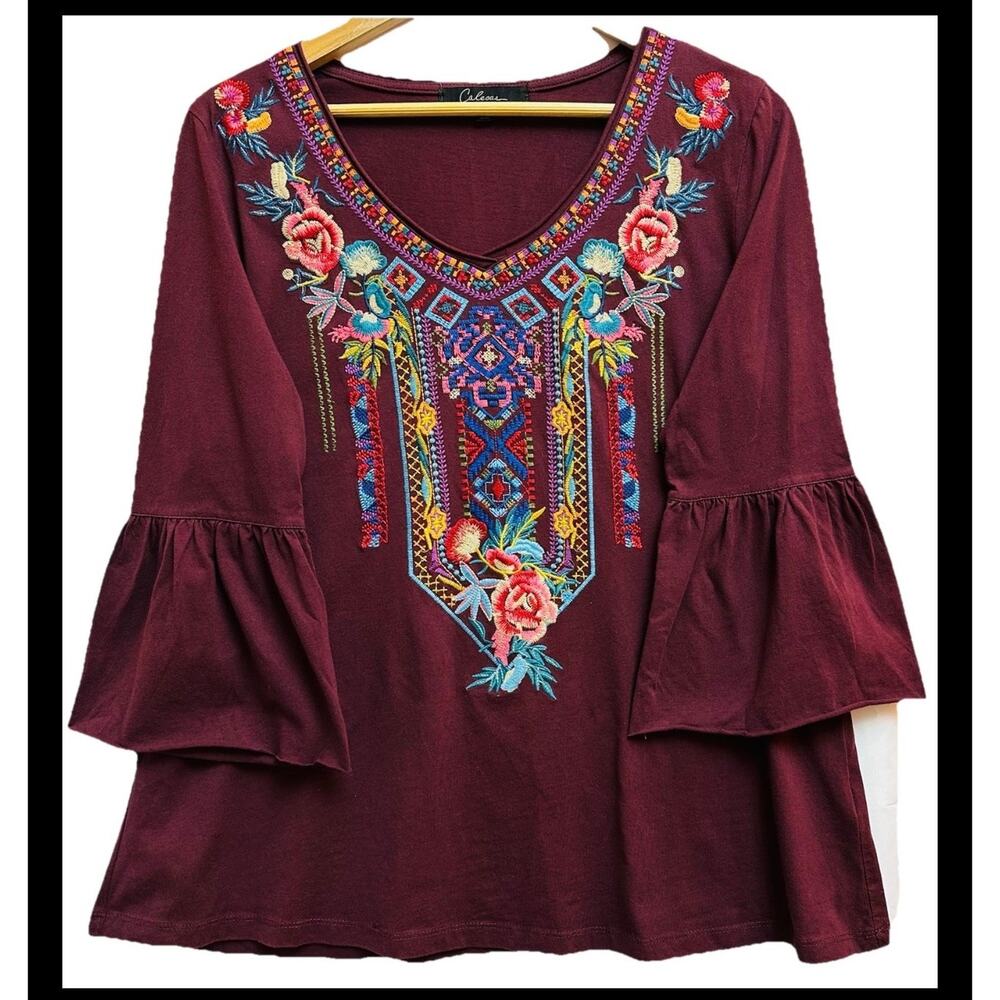 Calessa Embroidered women’s V Neck Tunic Top Crimson Cotton Knit Sz Large